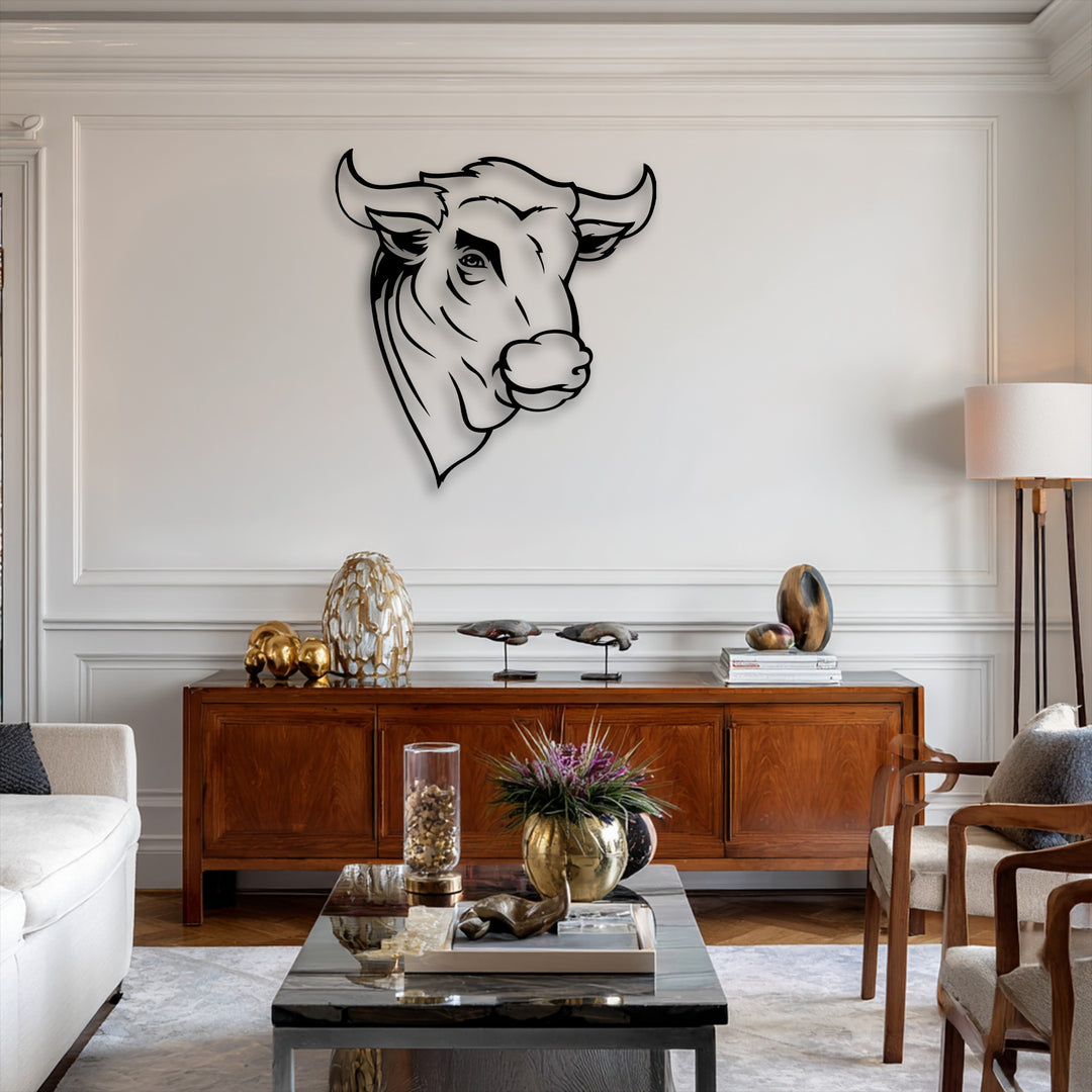 The abstract quality of this minimal line metal artwork beautifully features a stylized bull head, creating a striking statement.
