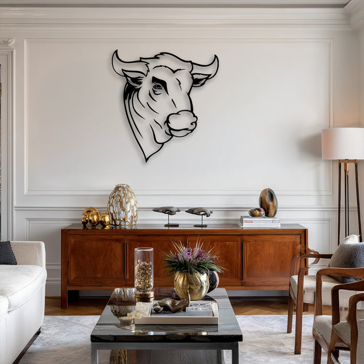 The abstract quality of this minimal line metal artwork beautifully features a stylized bull head, creating a striking statement.