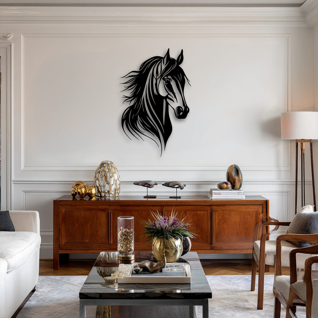 The focal point is a bold black metal artwork depicting a graceful horse head with a dynamic flowing mane over a rich wooden console.