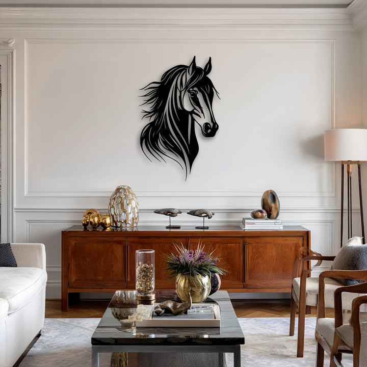 The focal point is a bold black metal artwork depicting a graceful horse head with a dynamic flowing mane over a rich wooden console.