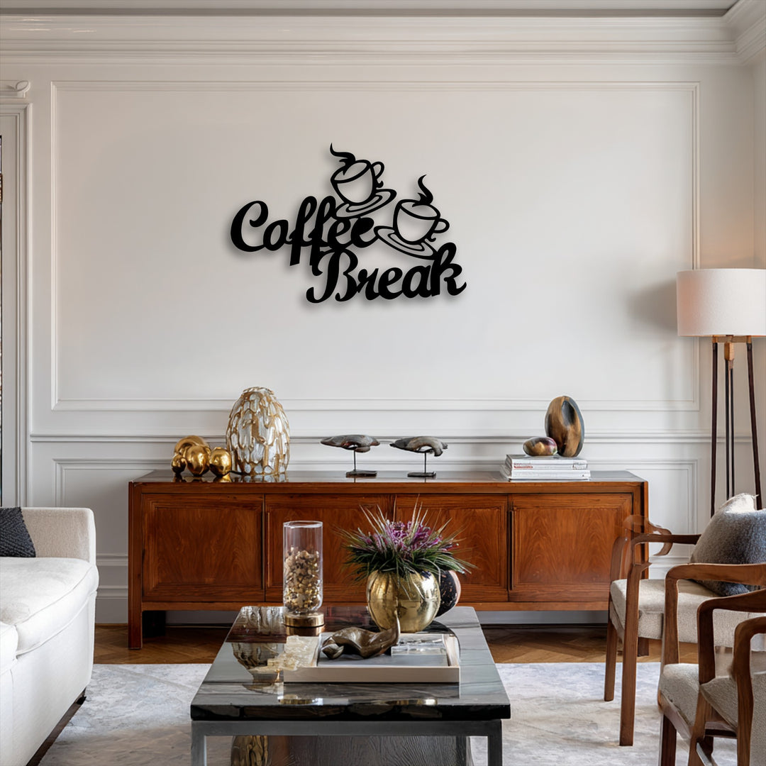 Against a classic white paneled wall, the Coffee Break Script Metal Wall Art stands out as a charming piece of metal artwork.
