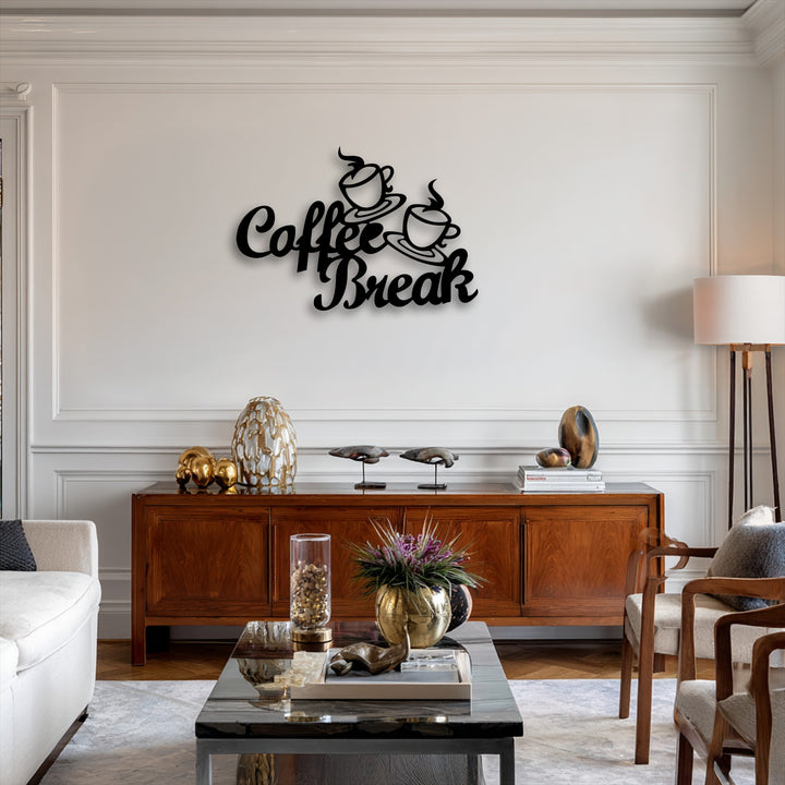 Against a classic white paneled wall, the Coffee Break Script Metal Wall Art stands out as a charming piece of metal artwork.