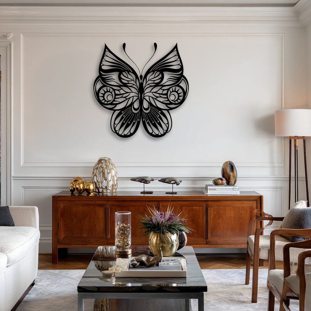 Showcasing realistic detail, the ornate butterfly metal artwork features intricate patterns within its elegant wings.