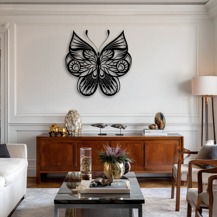 Showcasing realistic detail, the ornate butterfly metal artwork features intricate patterns within its elegant wings.