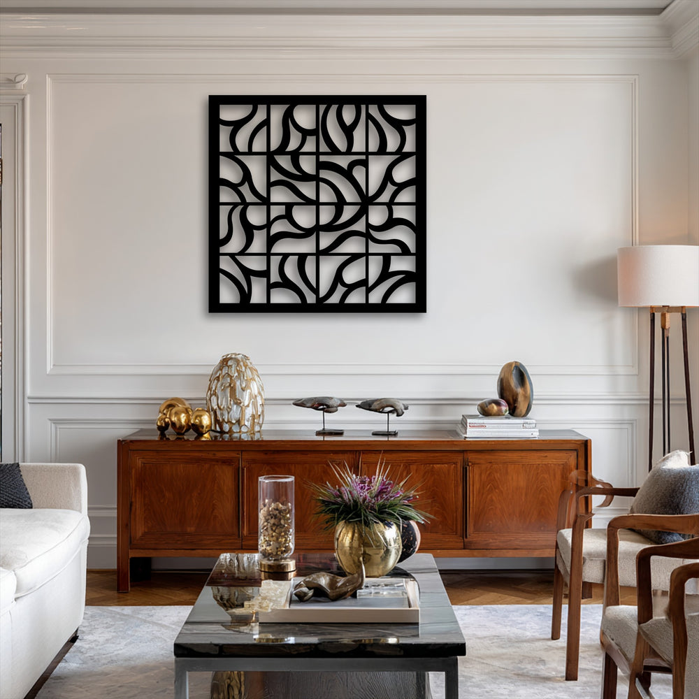 The mood is refined and contemporary, centered on the striking Geometric Flow Grid Abstract Metal Wall Art, an exemplary metal wall decor piece.