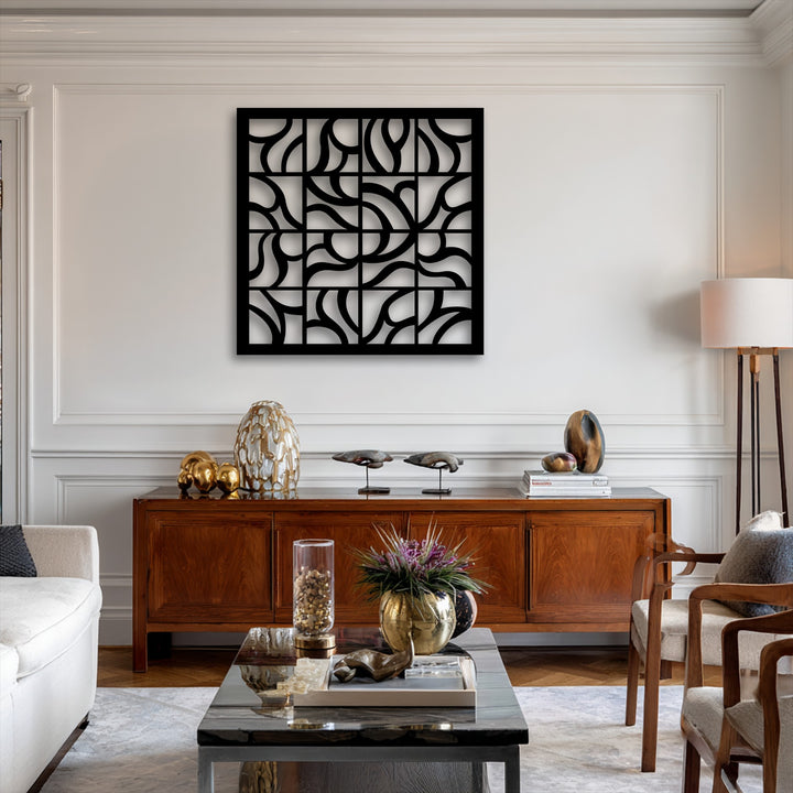 The mood is refined and contemporary, centered on the striking Geometric Flow Grid Abstract Metal Wall Art, an exemplary metal wall decor piece.