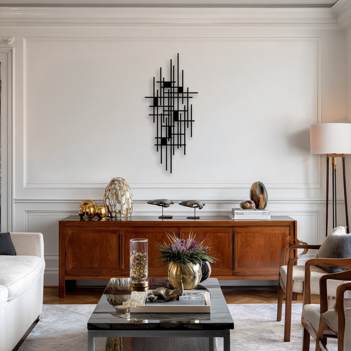 The brightest area of the pristine wall features a captivating modern geometric grid metal wall art, an abstract decoration wall art.