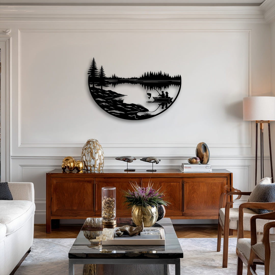 A serene off-white wall prominently displays a striking black metal wall decor piece depicting a peaceful fishing lake landscape.