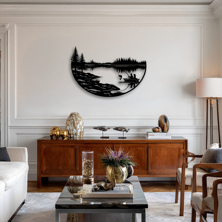 A serene off-white wall prominently displays a striking black metal wall decor piece depicting a peaceful fishing lake landscape.