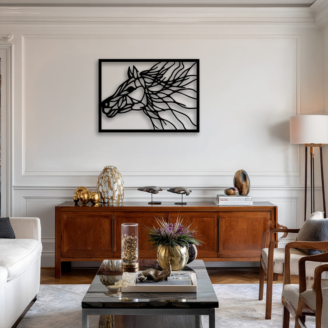 The serene mood of this modern living space is enhanced by a captivating Wild Lines abstract horse portrait metal art for wall, adding a sophisticated touch.