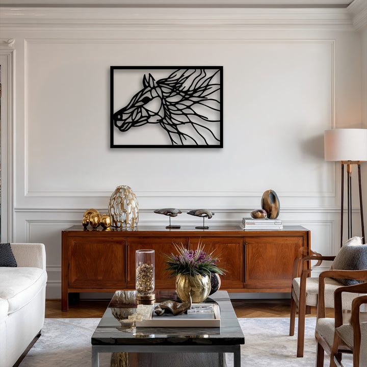 The serene mood of this modern living space is enhanced by a captivating Wild Lines abstract horse portrait metal art for wall, adding a sophisticated touch.
