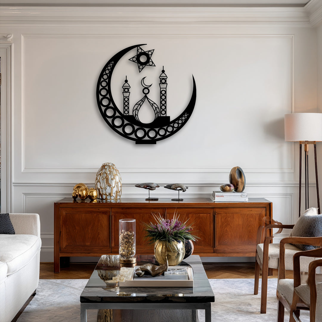 Exhibiting balanced color saturation, a striking Islamic Crescent Moon Mosque metal art for wall creates dynamic contrast within the room.