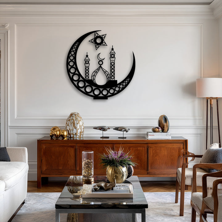 Exhibiting balanced color saturation, a striking Islamic Crescent Moon Mosque metal art for wall creates dynamic contrast within the room.
