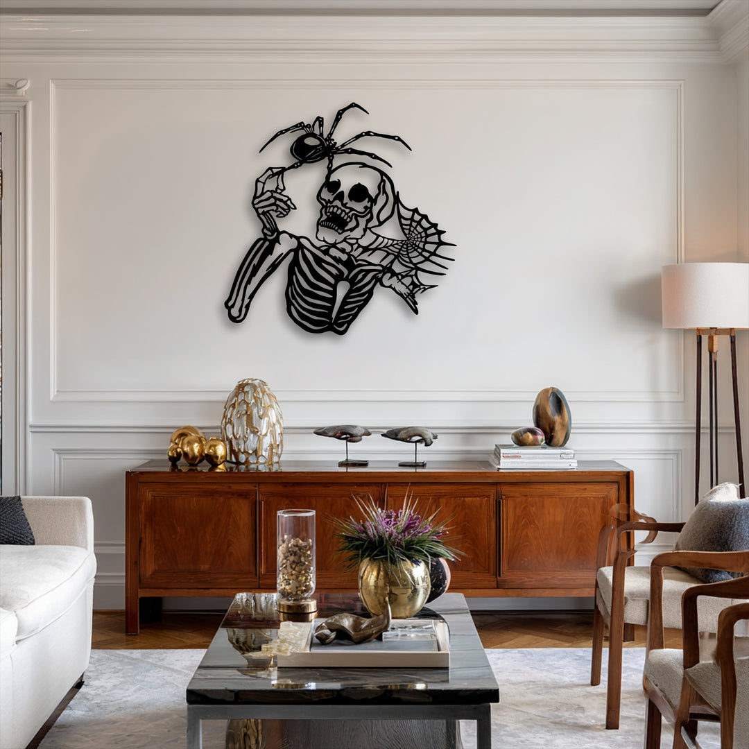 The stillness of the room is captured by the dramatic Gothic skeleton and spider metal artwork, creating a serene yet spooky focal point.