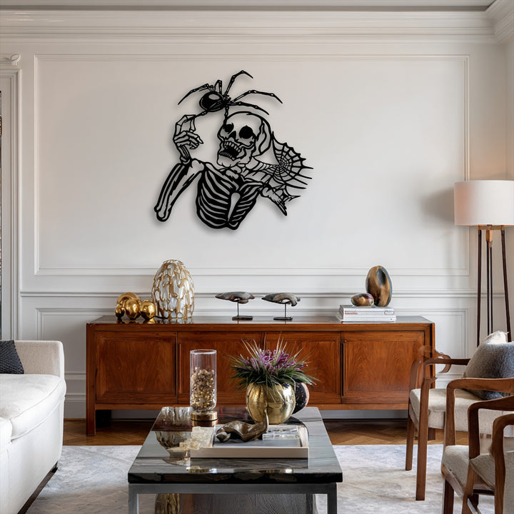The stillness of the room is captured by the dramatic Gothic skeleton and spider metal artwork, creating a serene yet spooky focal point.