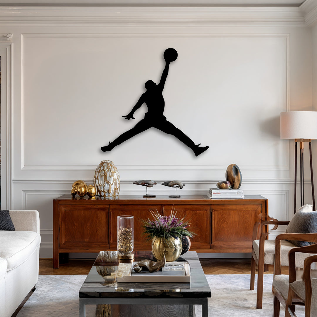A subtly saturated interior showcases a stark black basketball jump player metal artwork, providing a bold visual contrast.