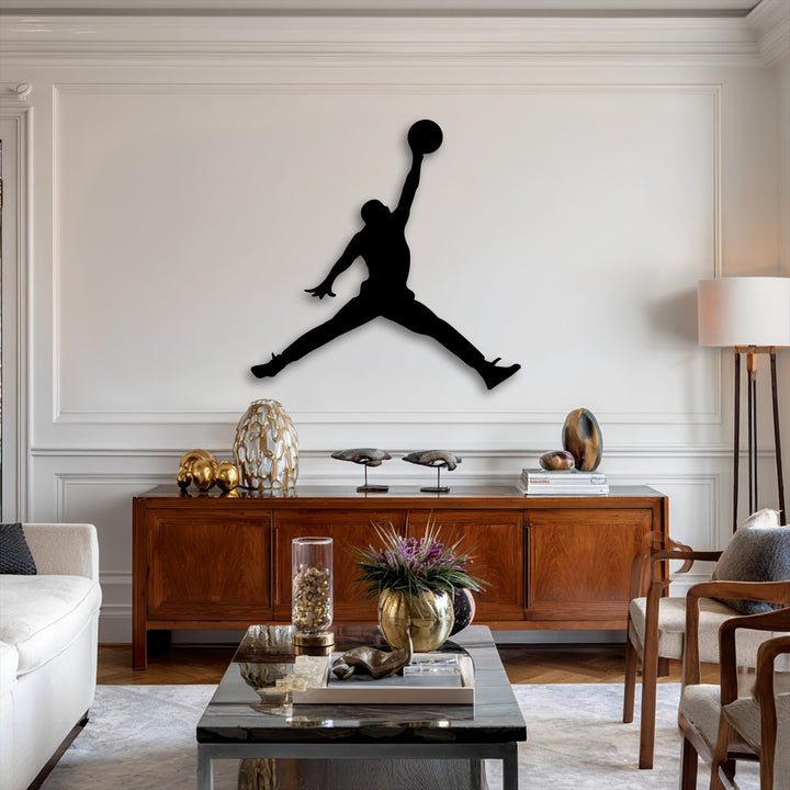 A subtly saturated interior showcases a stark black basketball jump player metal artwork, providing a bold visual contrast.