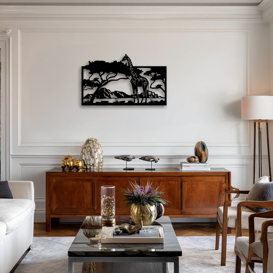 The geometric cutouts of the Savannah Giraffe Scene metal wall decor display sharp lines and distinct shapes of a giraffe and trees.