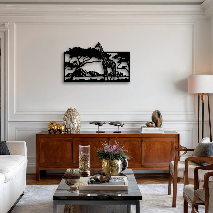 The geometric cutouts of the Savannah Giraffe Scene metal wall decor display sharp lines and distinct shapes of a giraffe and trees.