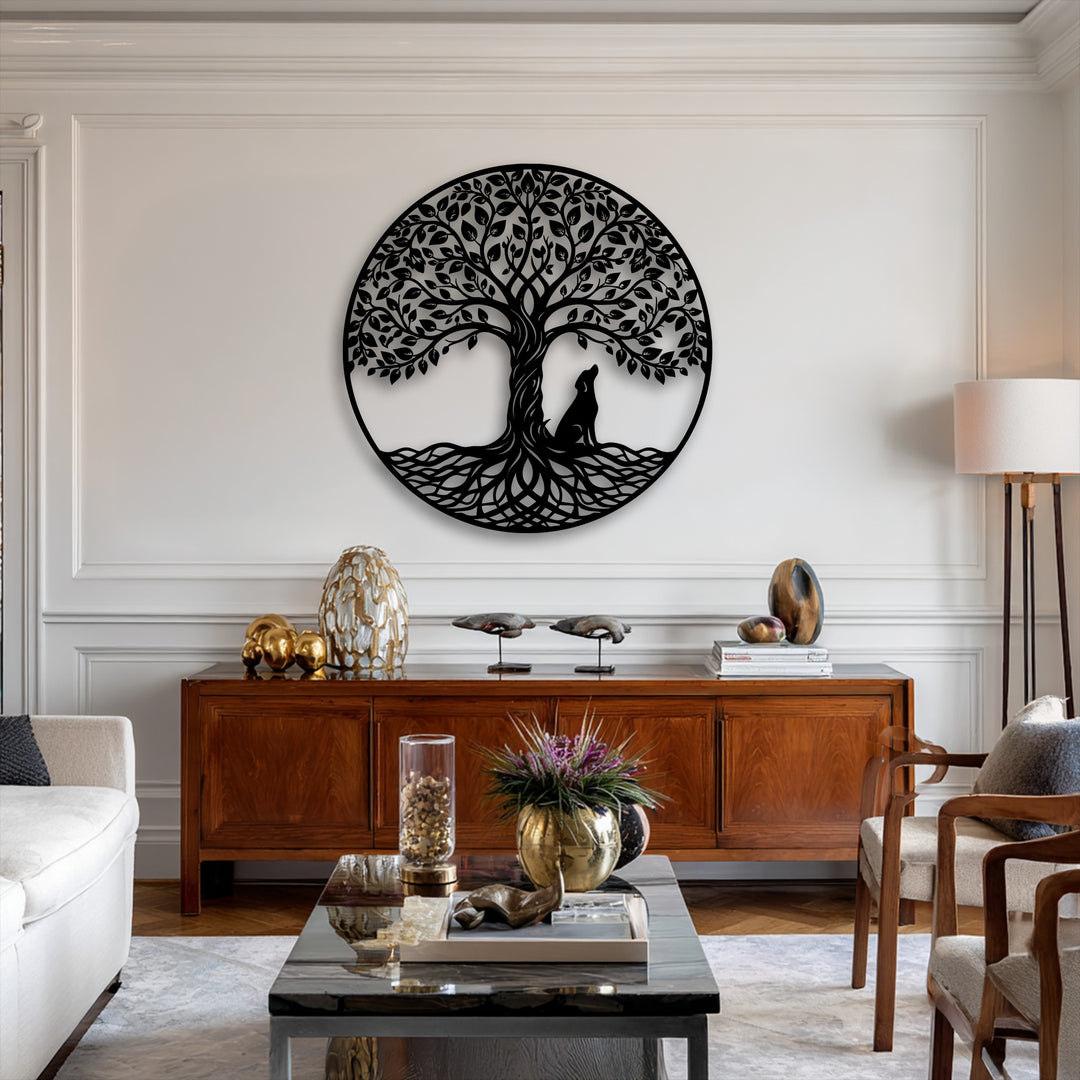 The detailed roots appear to ripple and the wolf’s focused gaze implies serene anticipation within this symbolic decorative metal art.