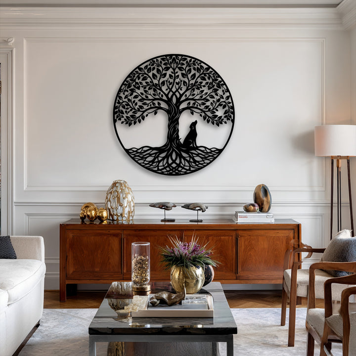 The detailed roots appear to ripple and the wolf’s focused gaze implies serene anticipation within this symbolic decorative metal art.