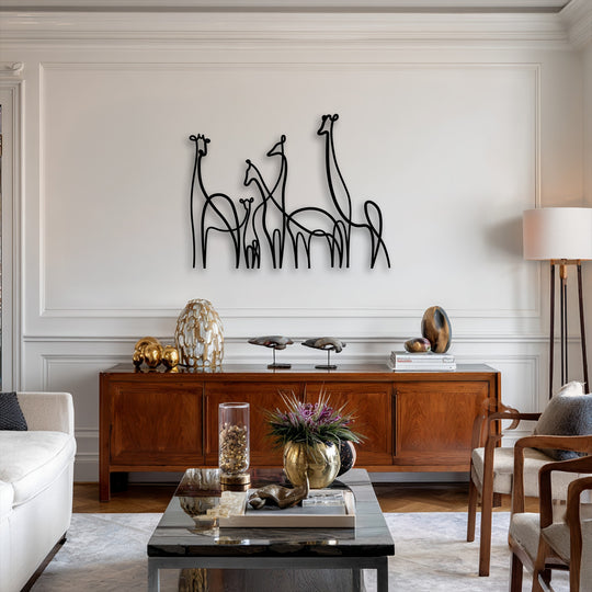 The sophisticated layering effect of the room's decor emphasizes the minimalist giraffe family line art, a compelling metal decoration wall art.
