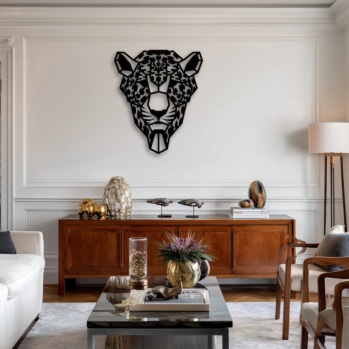 The sleek, modern design cultivates a sophisticated mood, featuring geometric tiger head metal decoration wall art.