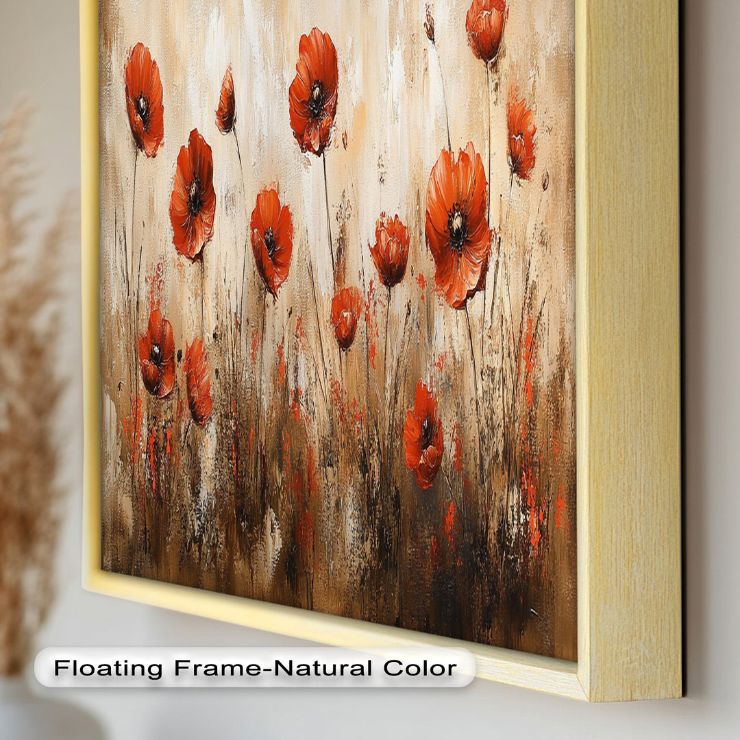 Fiery Meadow – Scarlet Poppies in Earth-Toned Field Flower Oil Painting