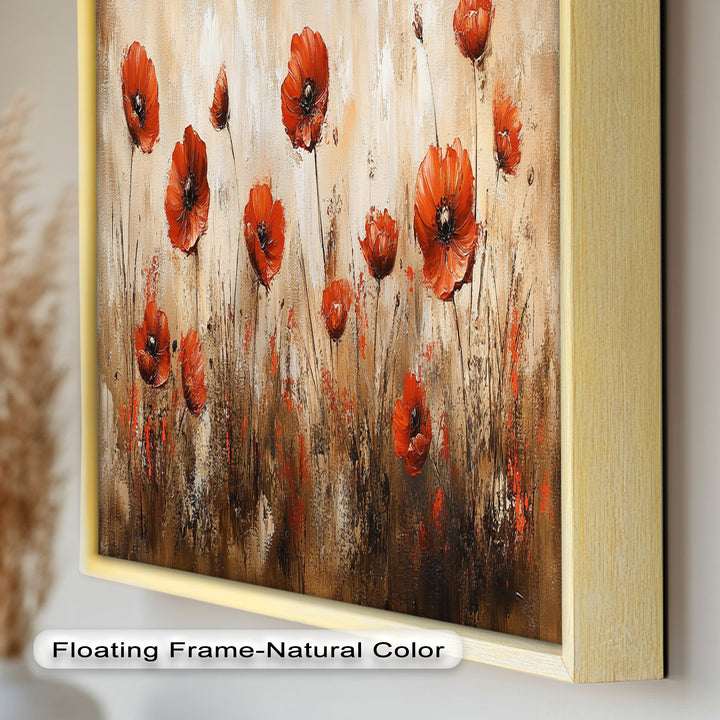 Fiery Meadow – Scarlet Poppies in Earth-Toned Field Flower Oil Painting