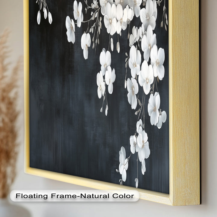 White Cherry Flowers on Midnight Blue - Flower Oil Painting