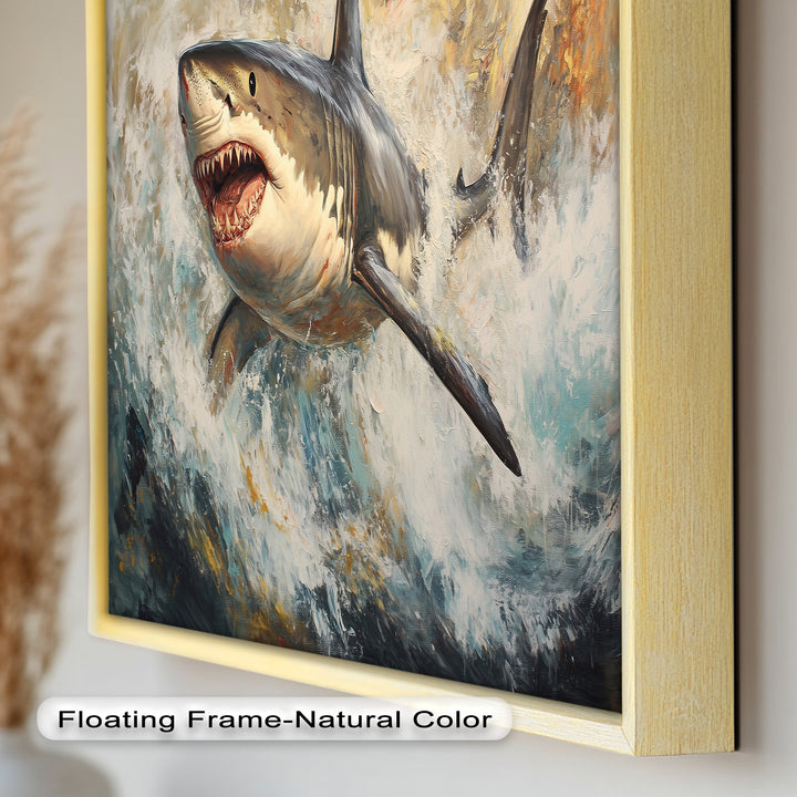 Ferocious Great White Shark Leaping Through Waves - Animal Oil Painting