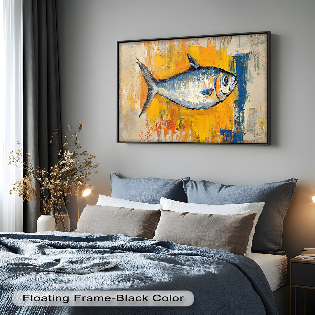 Blue Fish on Vibrant Yellow Background - Animal Oil Painting