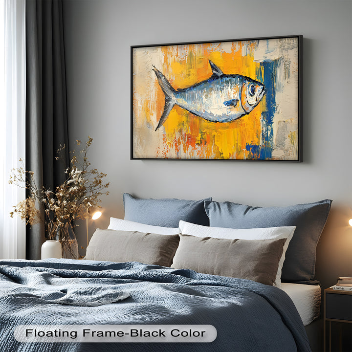 Blue Fish on Vibrant Yellow Background - Animal Oil Painting