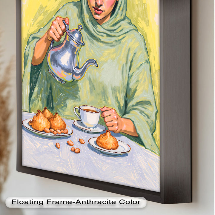 Woman Pouring Tea with Traditional Sweets - Food Painting