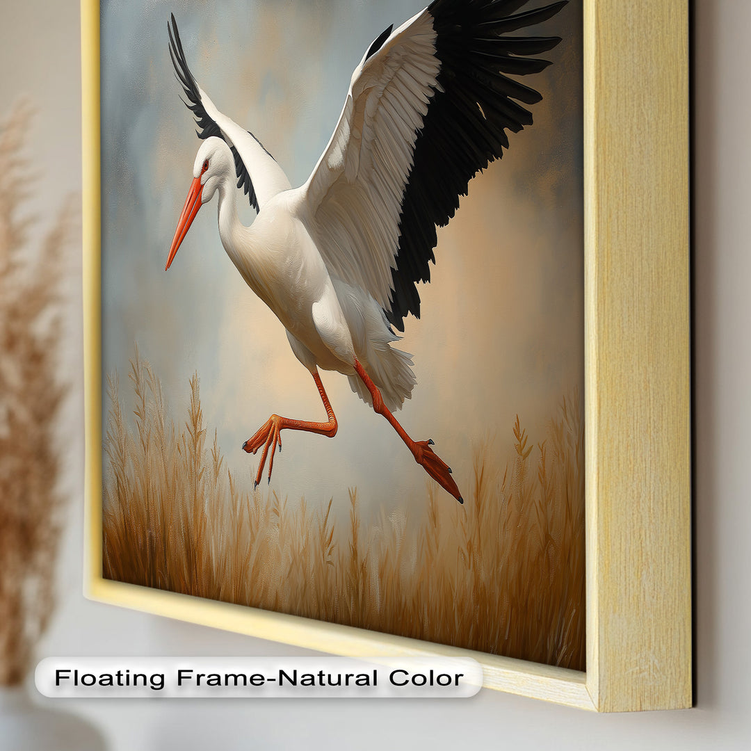 Stork in Flight over Golden Grasses – Animal Oil Painting