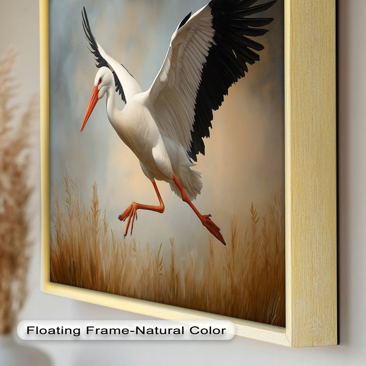 Stork in Flight over Golden Grasses – Animal Oil Painting
