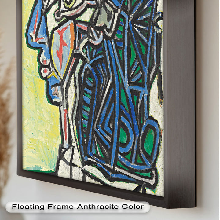 Angular Gaze – Geometric Portrait with Blue and Green Lines Picasso Oil Painting