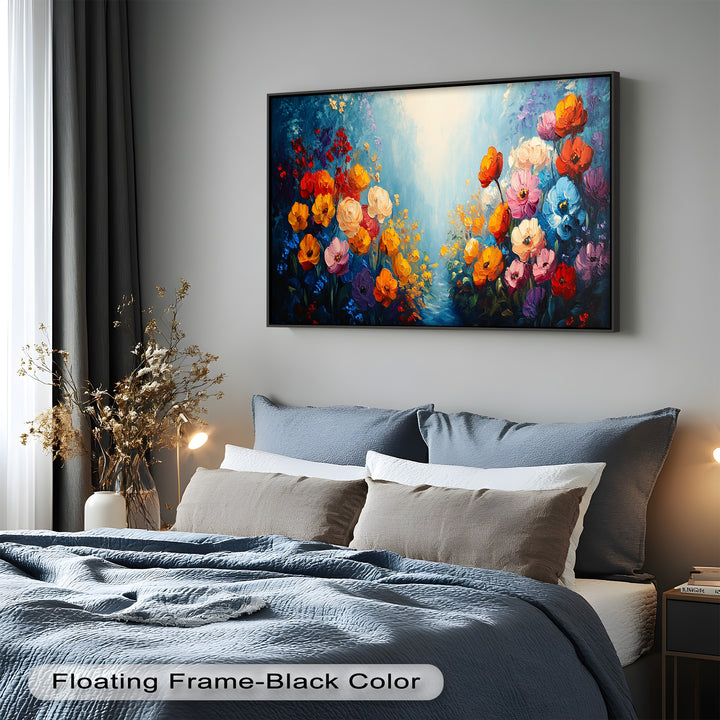 Multicolor Blossoms in Blue Radiance - Flower Oil Painting