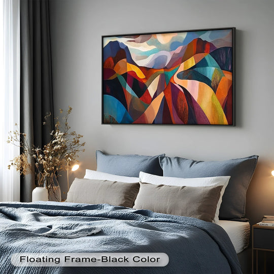 Illuminated by a nearby lamp, the brightest area of the geometric landscape abstract oil painting showcases a vibrant and colorful array of the oil painting wall art.