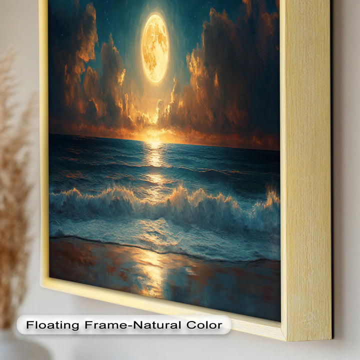 Ocean Night Wall Art Decor - Full Moon Seascape Oil Painting