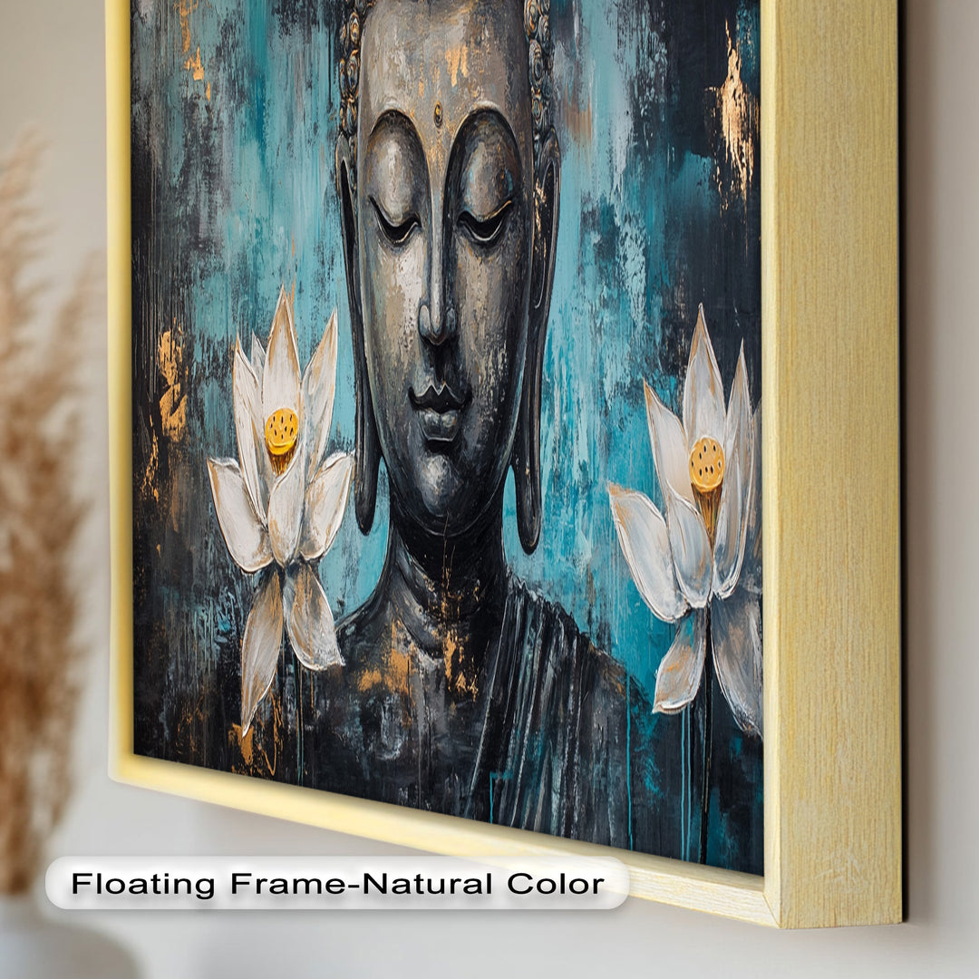 Teal Buddha with Lotus Flowers – Religious Oil Painting