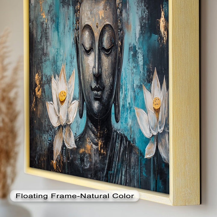 Teal Buddha with Lotus Flowers – Religious Oil Painting