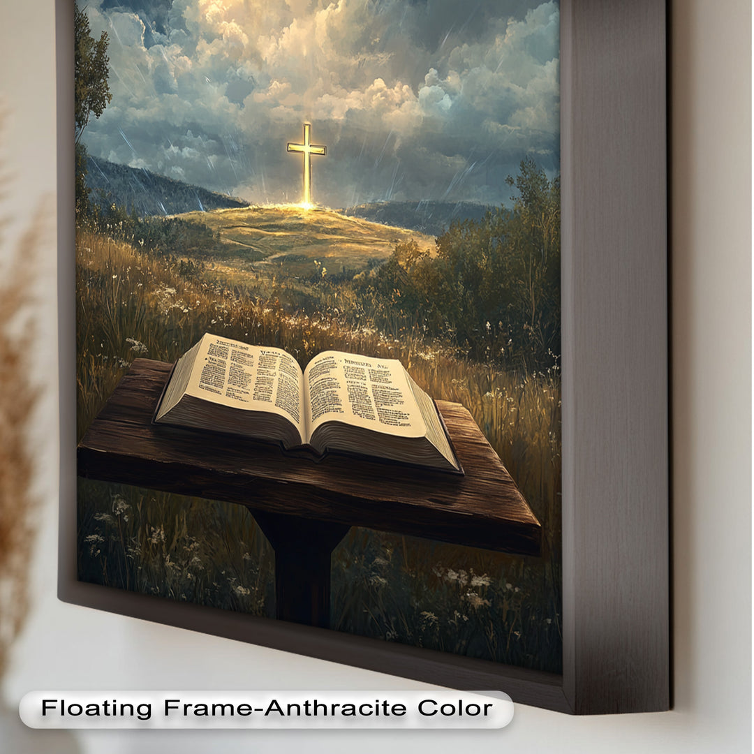 Göttliche Offenbarung – Bibel und leuchtendes Kreuz, christliches Ölgemälde