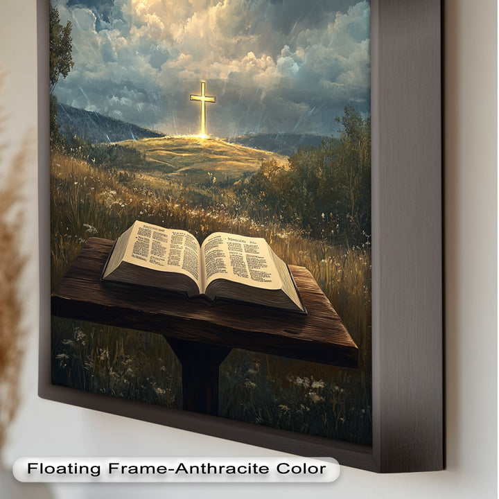 Göttliche Offenbarung – Bibel und leuchtendes Kreuz, christliches Ölgemälde