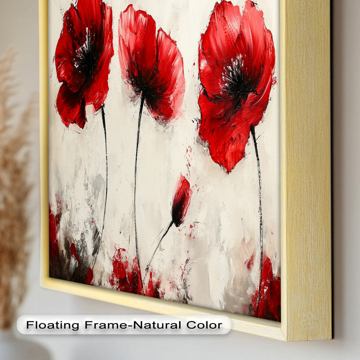 Crimson Elegance – Bold Red Poppies on Cream Flower Oil Painting