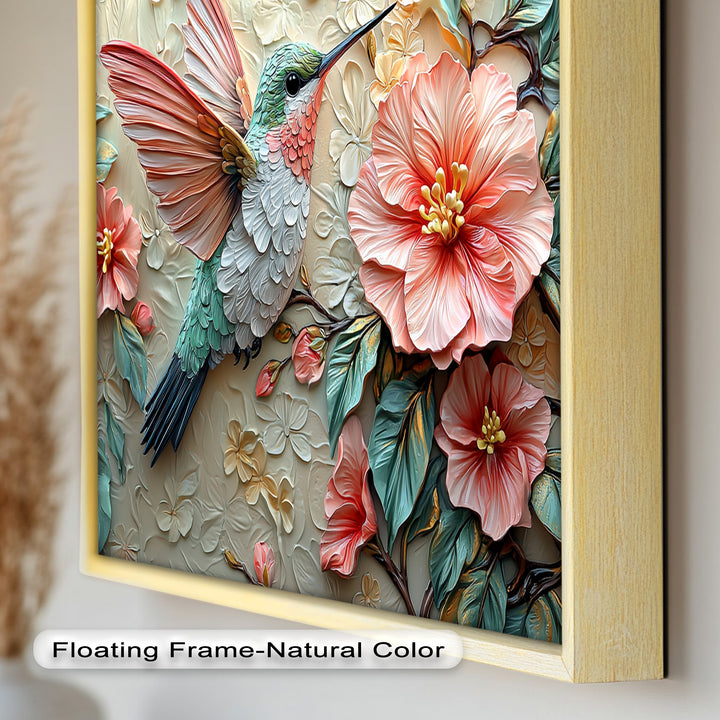 Spring Hummingbird with Pink Flowers – Framed Oil Painting