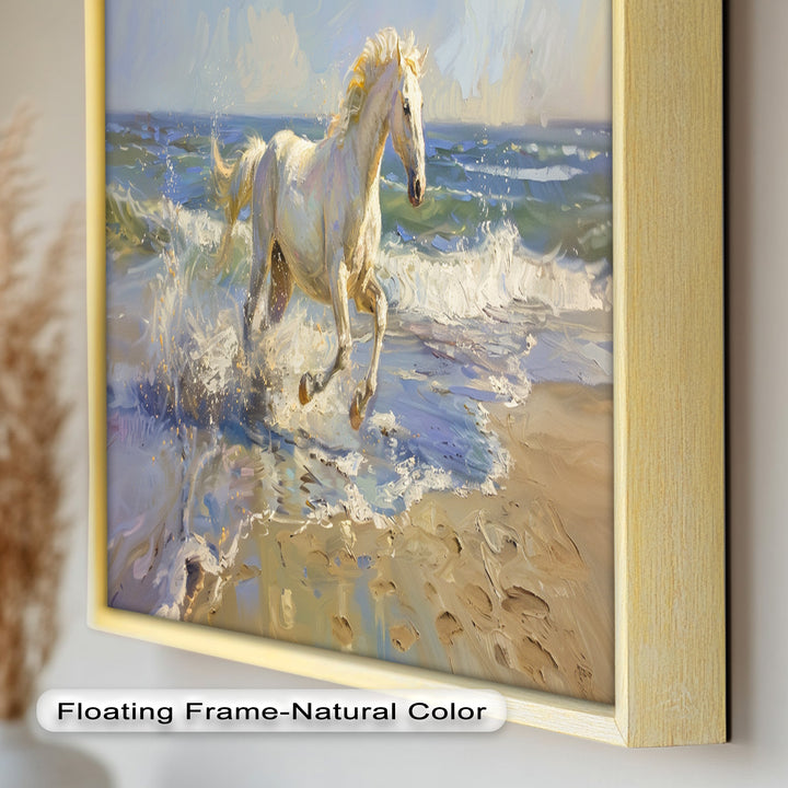 White Horse Galloping on Beach – Dynamic Oil Painting