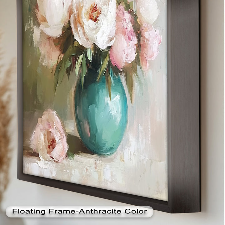 Blushing Peonies in Jade Vase – Romantic Flower Oil Painting