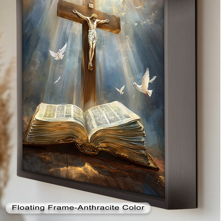 Jesus on the Cross with Open Bible and Doves - Oil Painting