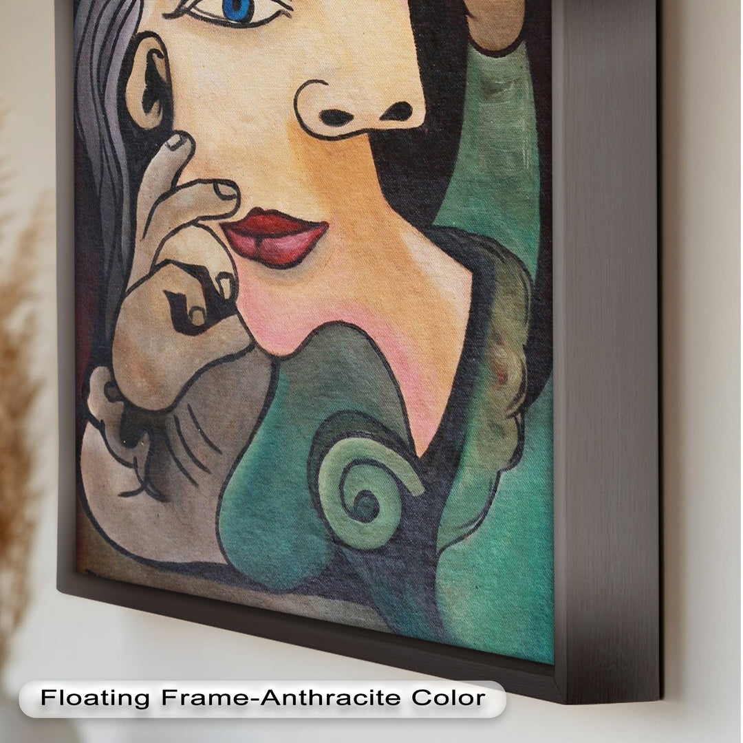 Whimsical Bloom – Surreale Frau mit gelber Blume Picasso Ölgemälde